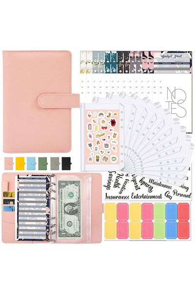 Coliky A6 pink set A6 Binder Budget Planner Notebook Covers Folder A6 Size 6 Hole Binder Pockets Plastic Bi