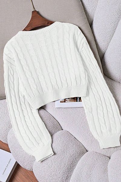 Moibody Balloon Sleeve Hair Braid Patterned Crop Sweater
