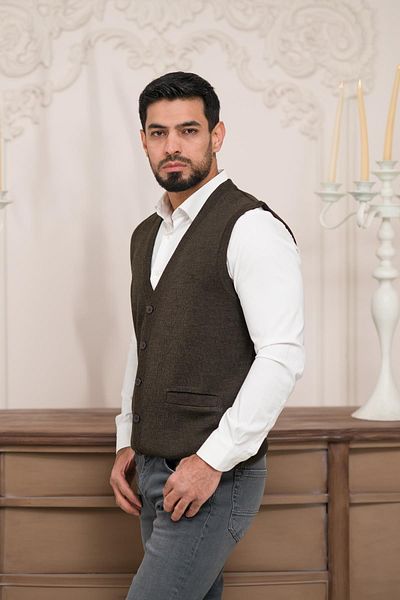 Woolen World Мъжки трикотажен елек без ръкави с нормална кройка и преден джоб
