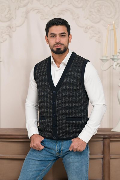 Woolen World Мъжки трикотажен елек без ръкави с шарка и преден джоб