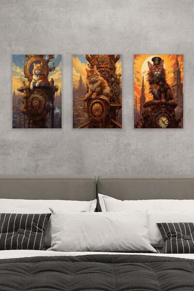 qoeuyl boutique Steampunk Retro Cute Cats Trio No:3 18x27 MDF Ξύλινη αφίσα ζω...