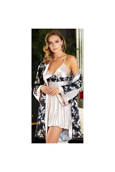 Jeremi 3068 Dowry Silk Satin Double Short Nightgown with Dressing Gown Set - Powder