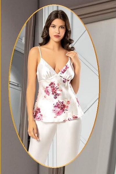 Xses 2155 Set de pijamale din 4 piese cu imprimeu din satin pentru femei cu halat - trandafir uscat