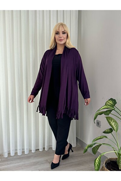 LİKRA Women's Large Size Asymetric Cut Tassel Detail Flexible Salaş Cardigan