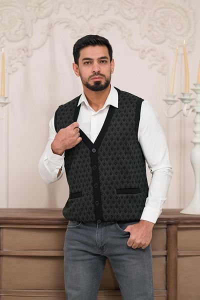 Woolen World Мъжки трикотажен елек без ръкави с шарка и преден джоб