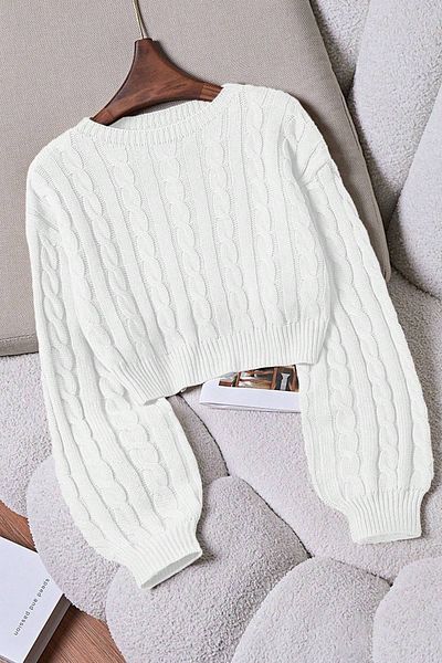 Moibody Balloon Sleeve Hair Braid Patterned Crop Sweater