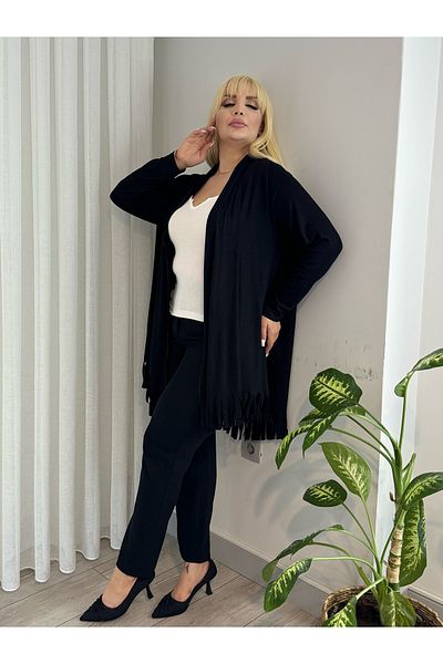 LİKRA Women's Large Size Asymetric Cut Tassel Detail Flexible Salaş Cardigan