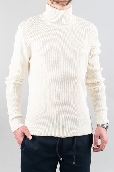 bombe Ανδρικό πουλόβερ με λεπτή εφαρμογή με βαμβακερό λαιμόκοψη λευκό