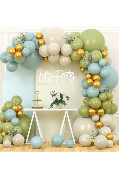 Çemrek Süs Parti Eucalyptus Green Glass Blue Sea Sand Gold Chrome Balloon Chain Set 103 Jumbo Balloons Included