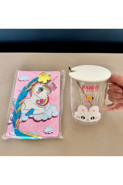 Two Two SET DE 2-Caiet de păr tricotat cu unicorn roz și pahar de sticlă cu f...