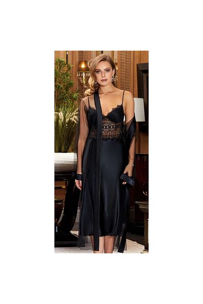 Jeremi Women's Black Dowry Silk Satin Lace Double Long Nightgown Dressing Gown Set