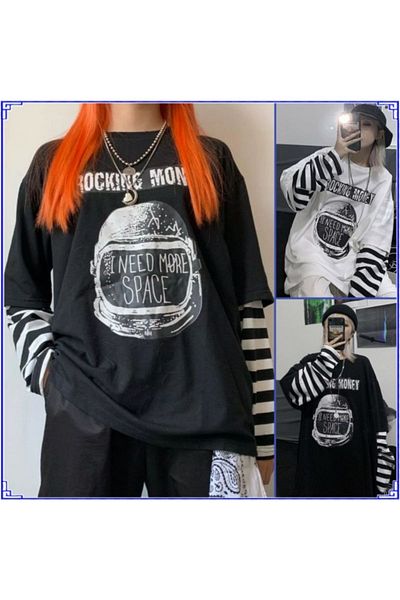 Köstebek Black I Need More Space Unisex Stripes Sleeve T-Shirt