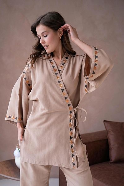 minaaise Women's Kimono and Trousers Set with Camel Linen Embroidery and Sequin Detail - 29033