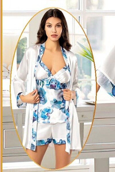 Xses 2155 Women's Satin Printed 4-Piece Pajamas Set with Dressing Gown - blue