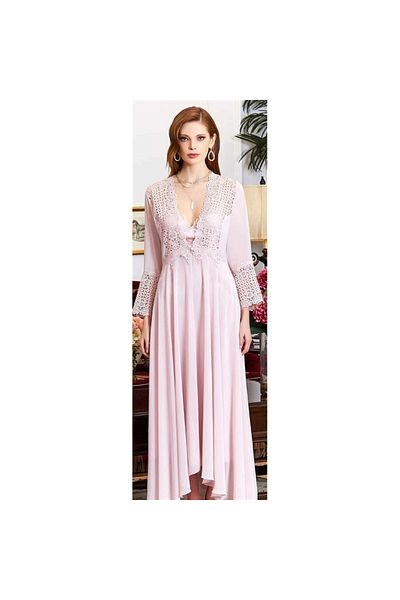 Jeremi 3075 Dowry Silk Satin Lace Double Long Nightgown Dressing Gown Set - Powder