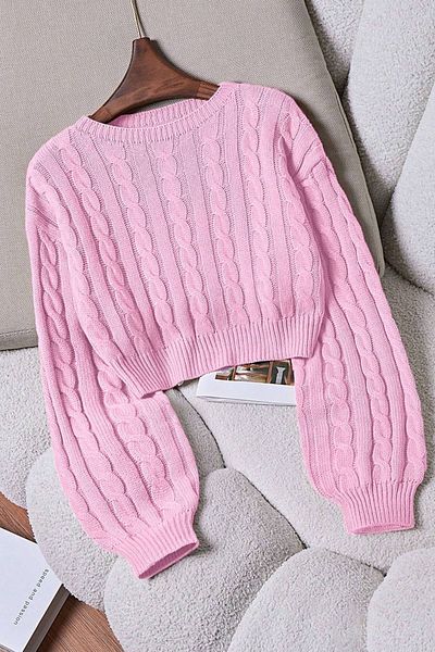 Moibody Balloon Sleeve Hair Braid Patterned Crop Sweater
