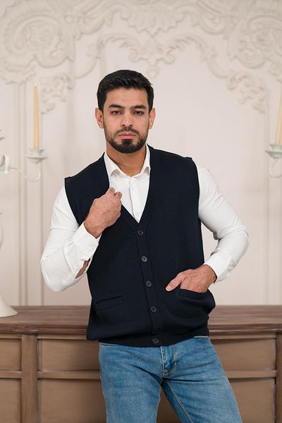 Woolen World Мъжки трикотажен елек без ръкави с нормална кройка и преден джоб