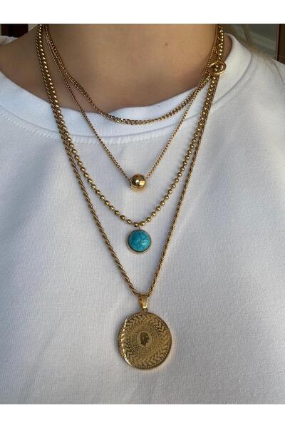 GM TAKI Üçlü Zincir Otantik Çelik Kolye Altın renk Ata Kolyesi