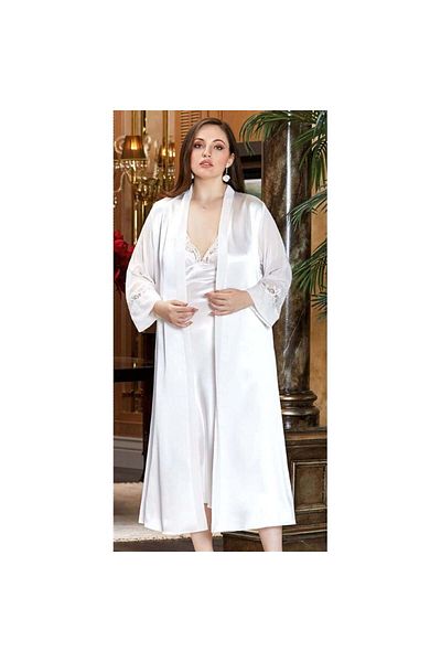 Jeremi 3241 Silk Satin King Size Double Long Nightgown Dressing Gown Set - Cream