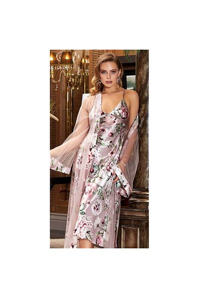 Jeremi 3052 Dowry Silk Satin Σετ Νυχτικό με Διπλό Μακρύ Νυχτικό - Πούδρα
