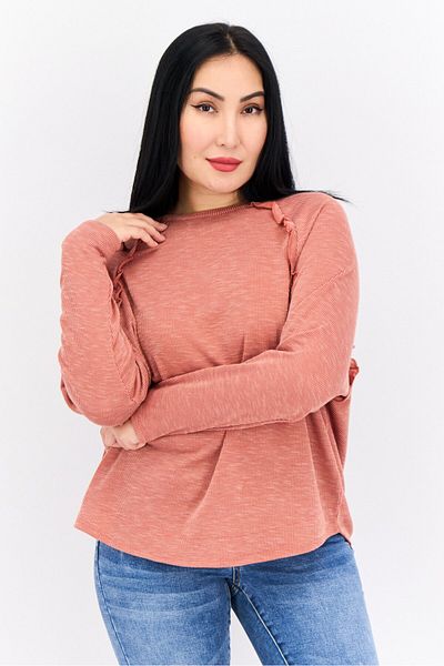 89th + Madison Women Crew Neck Micro Stripe Long Sleeves Sweatshirt, Rusty Red