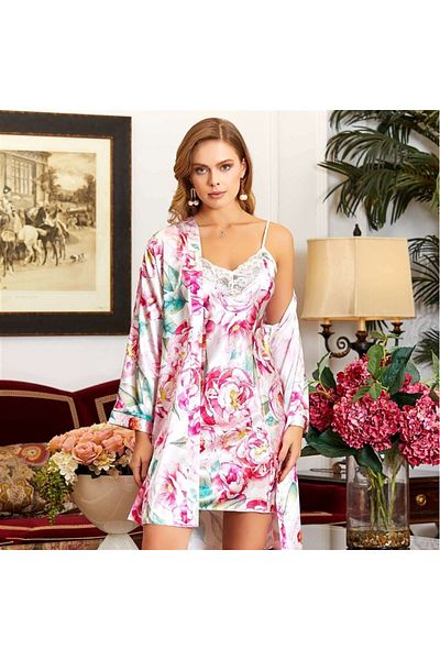 Jeremi 3162 Dowry Silk Satin Double Short Nightgown with Dressing Gown Set - Pink