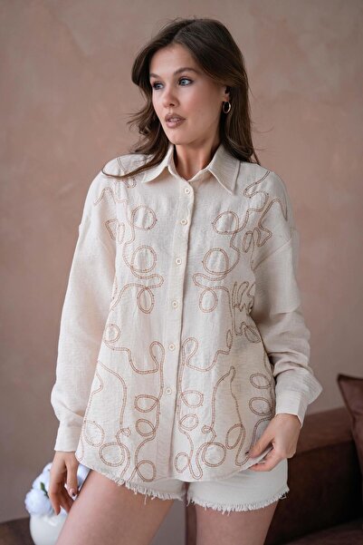 minaaise Жіноча сорочка з бамбукового льону з вишивкою з паєток, широкого кро...