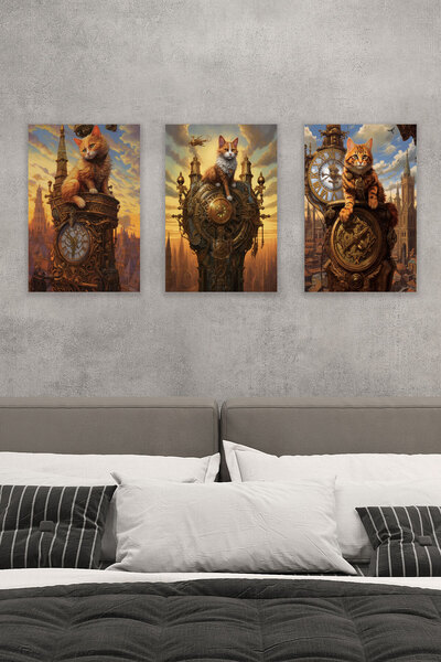 qoeuyl boutique Steampunk Retro Cute Cats Trio No:5 18x27 MDF Ξύλινη αφίσα ζω...