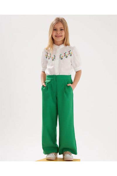Hilal Akıncı Kids Cămașă albă cu nasturi cu perle, cu broderie pentru fete, cu buzunare ornamentale, pantaloni cu nasturi, acoperiți cu pânză, 2 piese, bijuterii