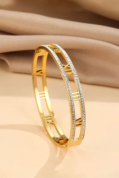 Chavin Gold Steel Stone Roman Numeral Handcuff Bracelet Eu15Sr