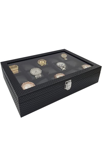 Chavin Black Diamond Leather 15 Pieces Glass Watch Box St15-69