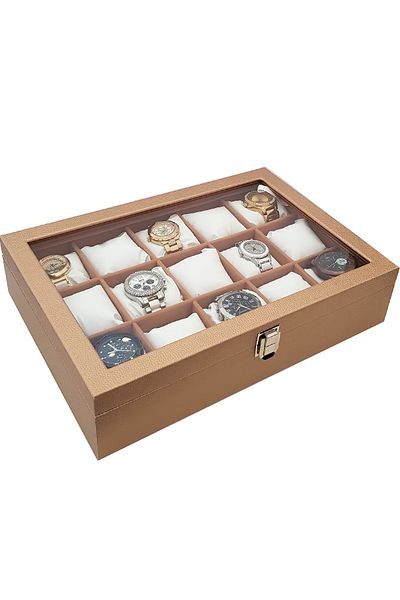 Chavin 15 Pieces Diamond Gold Leather Wooden Glass Watch Box St15-57