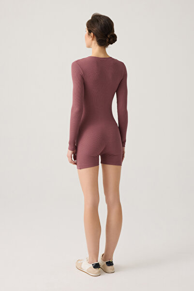 Los Ojos Vínový žebrovaný krátký overal s dlouhým rukávem - Melodi Romper