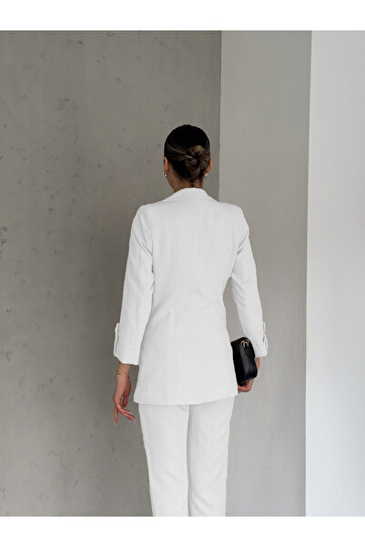 diaves Beyaz Katlamalı Kol Detay Blazer Ceket ve Havuç Kesim Pantolon  Dokuma Kumaş Takım Elbise