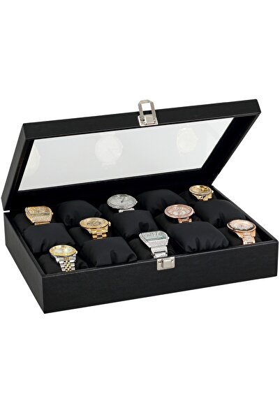 Chavin 15-Piece Black Watch Box Leather Covered over Wood Mk006