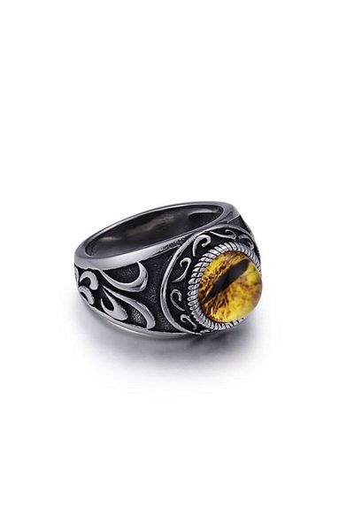 Chavin Retro Inlaid Stone Dragon Eye Men's Steel Ring ds66