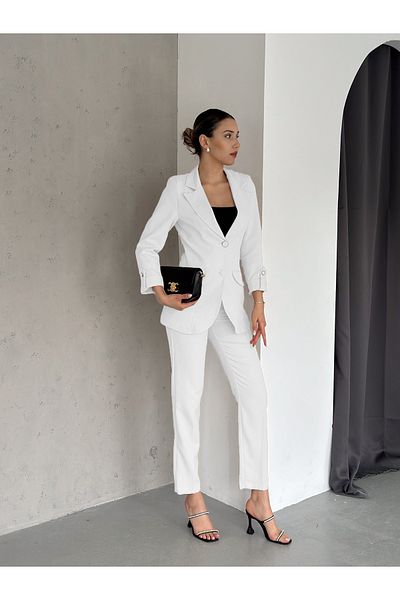 diaves White Folded Sleeve Detail Blazer Jacket and Carrot Cut Pants Woven Fabric Suit