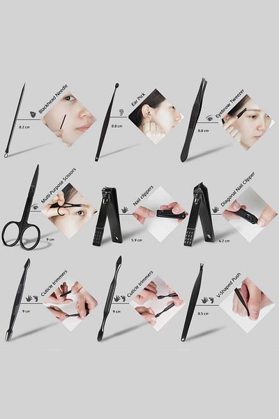 Chavin Black 15 Piece Manicure Set with Leather Bag Nail Clipper Set Cin290