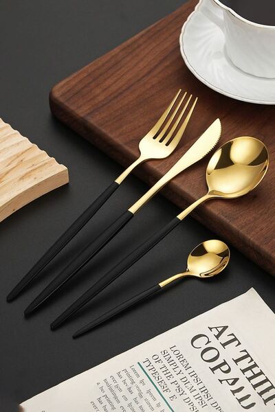 Chavin Gold Black Food Spoon and Fork Knife Set - 410 Steel, 24 Pieces, Cin518sysr