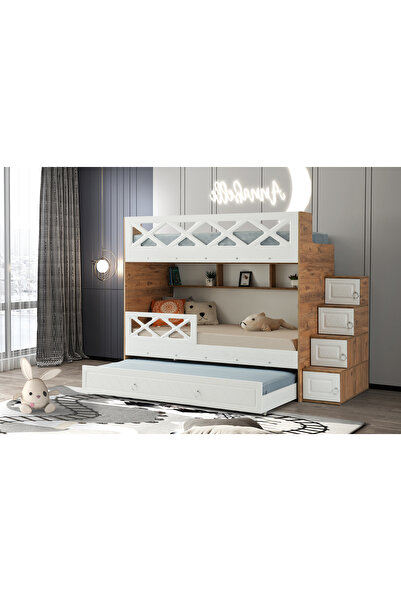 miracool Mars Ranza / Çam-beyaz / Ücretsiz Kurulum / 3 Yatak Bölümü Ve Dolaplı Merdiven / %100 MDF