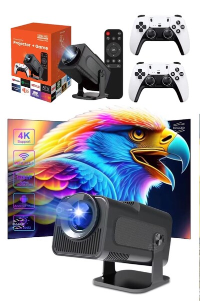 RUGGED Projeksiyon Cihazı Oyunlu 2 Joystick Oyun Kolu Hediyeli 150inç Pro Gam...