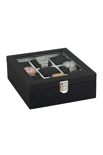 Chavin 9 Piece Black Leather Glass Covered Watch Box St9-22 on Wood