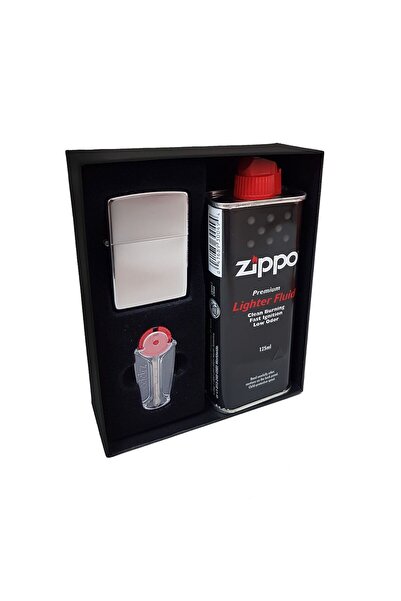 Zippo Çakmak Polish Parlak Gri Hediyelik Benzin Taş Set du10polis