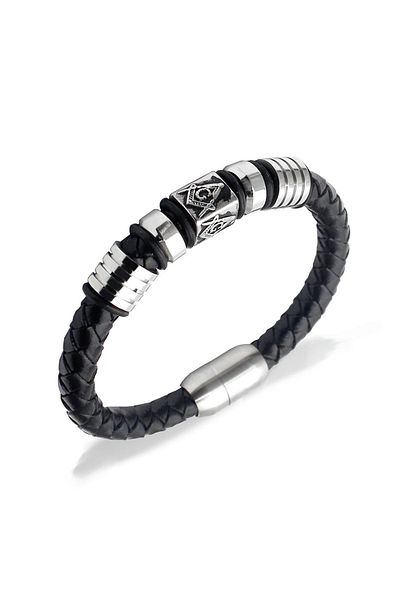 Chavin Men's Bracelet - Grey Mason Symbol, Steel and Leather, Et88
