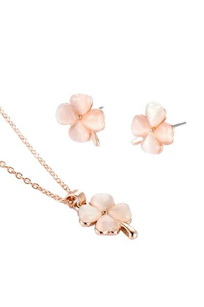 Chavin Leaf and Clover Stone Detailed Lucky Necklace and Earring Set - Cy13