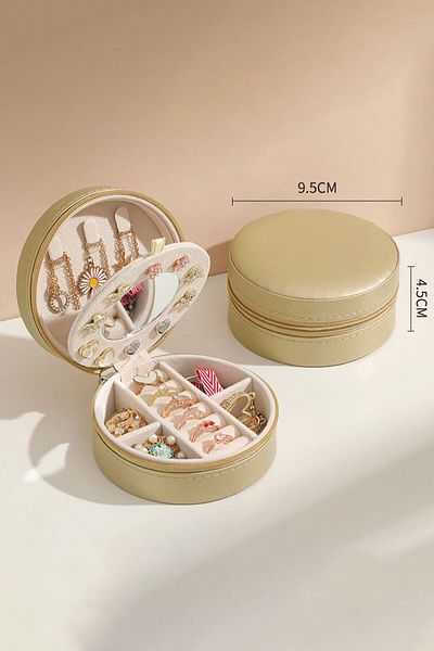 Chavin Gold Mirrored Leather Travel Ring Earrings Necklace Jewelry Box st1-69gld
