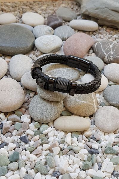 Chavin Black 2 Row Leather Steel Men's Bracelet Ec67Sy