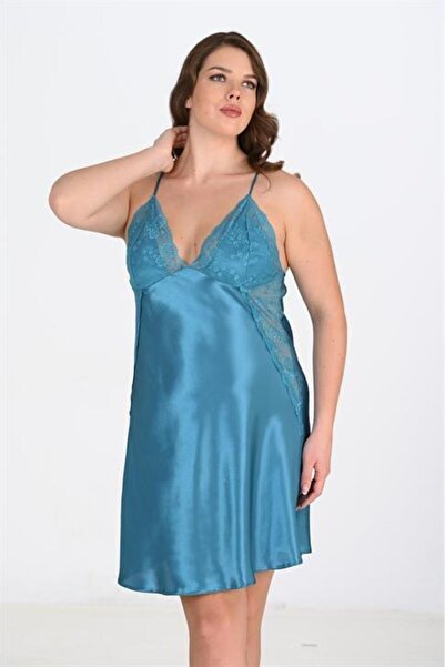 MEKs Plus Size Lace Embroidered Petrol Blue Satin Nightgown