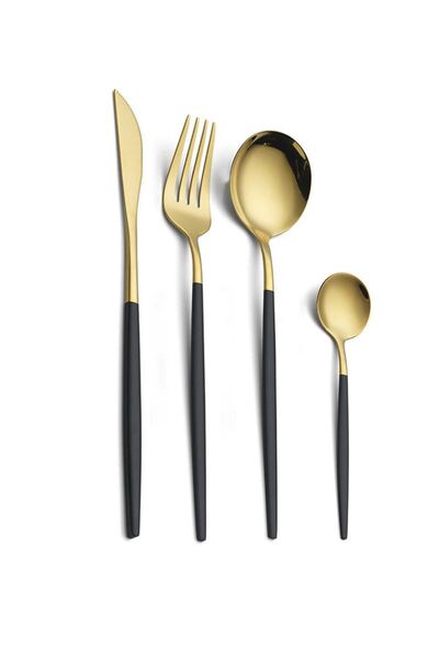 Chavin Gold Black Food Spoon and Fork Knife Set - 410 Steel, 24 Pieces, Cin518sysr