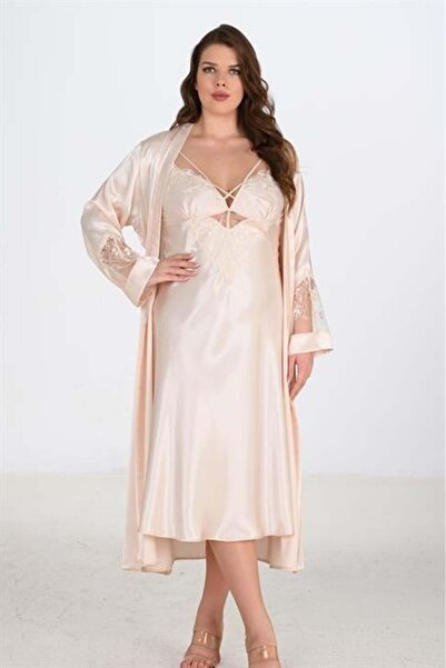 HAYAT STORE Aesco Premium Set de cămașă de noapte și halat lung, din dantelă ...